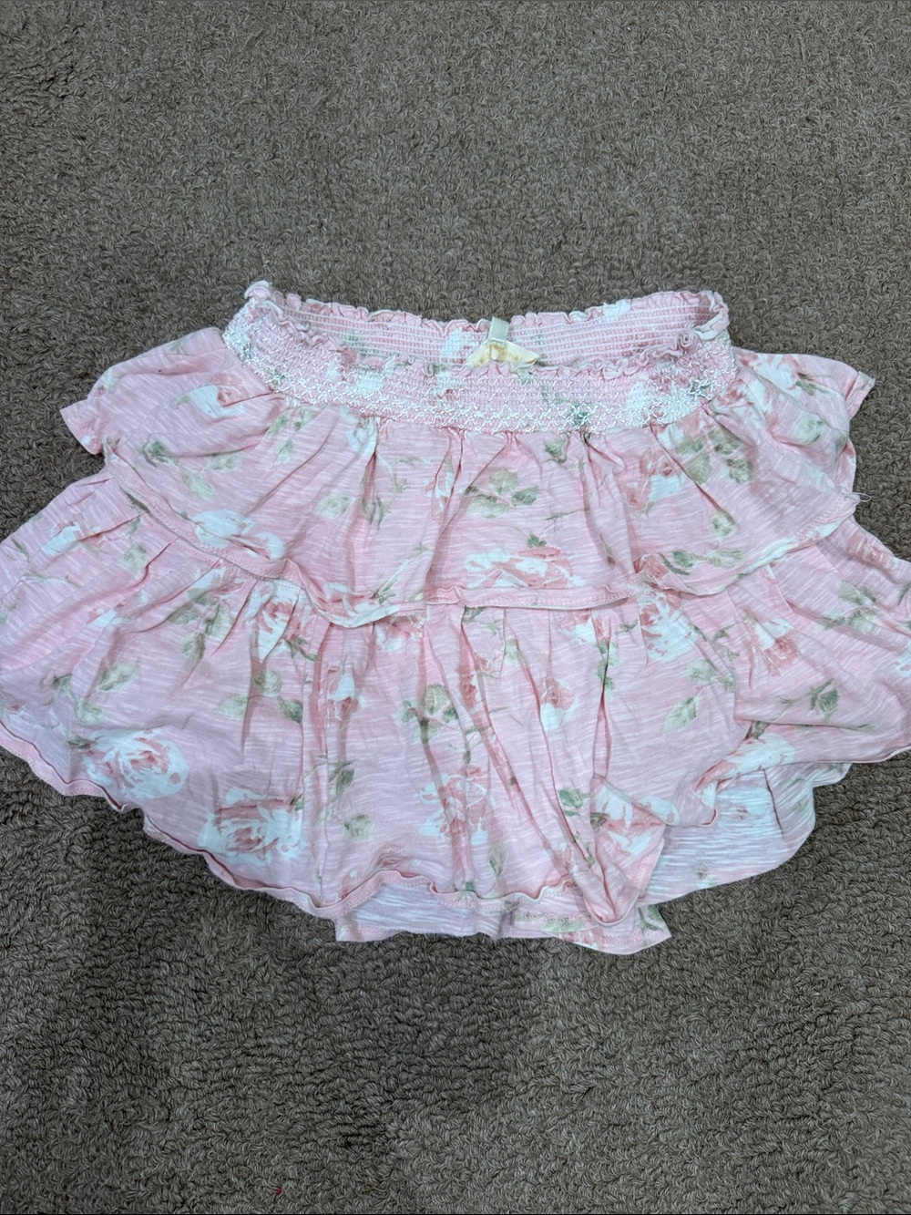 LoveShackFancy Pink Floral Tiered Smocked Skirt